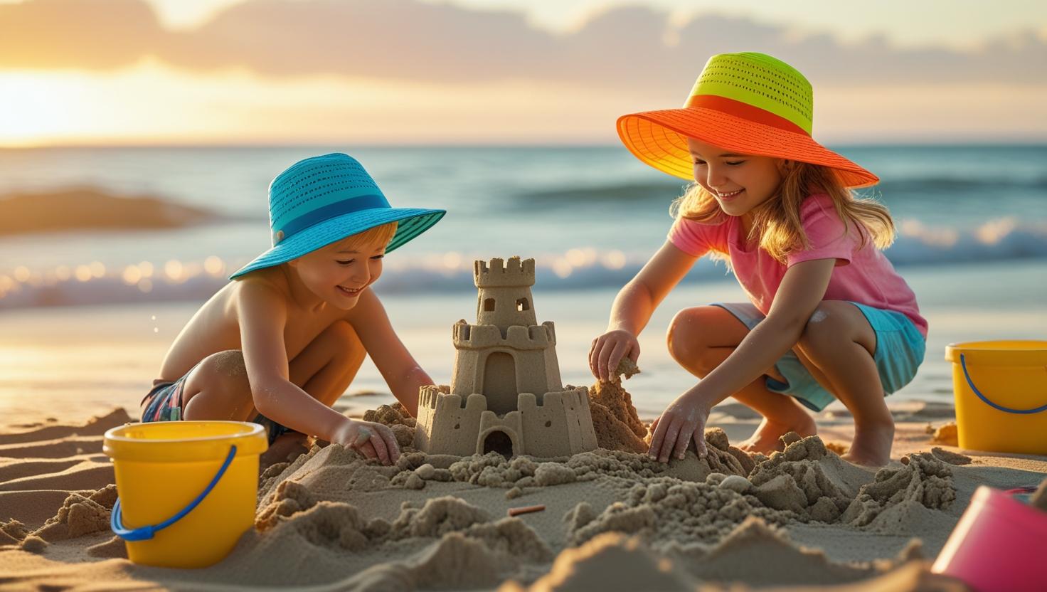 create photorealistic image with two kids wearing hats playing on the beach